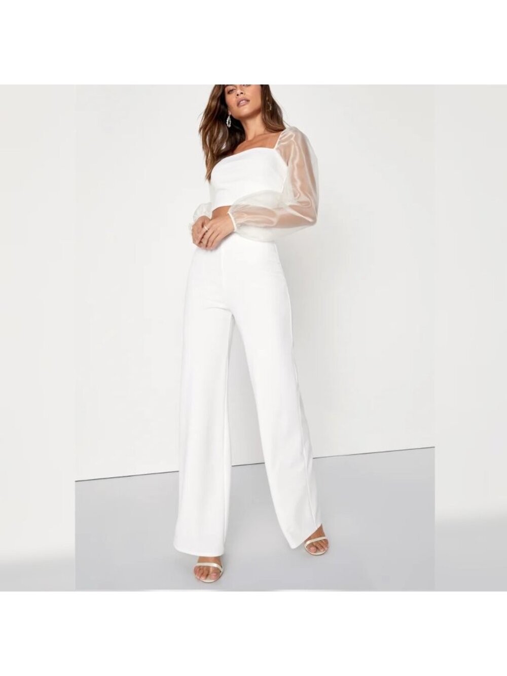 NWT Lulus- M Sheerly Sultry Ivory Organza Balloon Sleeve Two Piece Jumpsuit